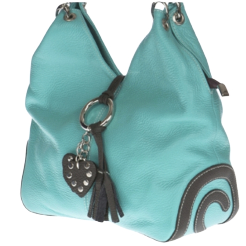 Vera Pelle Turquoise And Brown Italian Leather Crossbody Bag‎ Purse